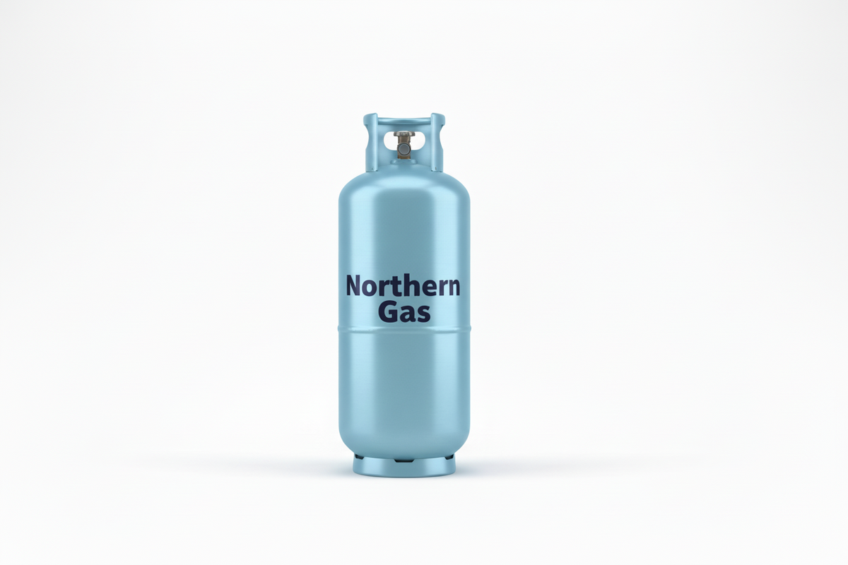 Northern Gas 9kg gas bottle in grey/silver with blue branding